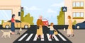 Polite kid with good manners holding granny hand to help cross city road at crosswalk