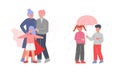 Polite and Kind Kids Sharing Umbrella in Rainy Day and Protecting Family Vector Set