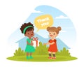 Polite little girl thanking her friend for gift. Well mannered kid, good manners and respect cartoon vector