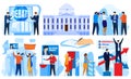 Politic election vector illustrations, cartoon flat democratic referendum campaign collection with citizen people voting