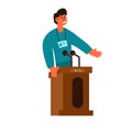 Politic man vector illustration election speech. Business person with public microphone communication. Speaker debate concept sign