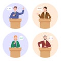 Politic public speech by politician on podium, circle icons set, male and female leaders