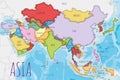 Political Asia Map vector illustration with different colors for each country