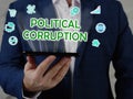 POLITICAL CORRUPTION text in search line. Merchant looking for something at computer. POLITICAL CORRUPTION concept