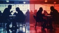 Political Debate in a Caf Divided Conversations A compelling image showing a splitscreen of two groups engaging in deep