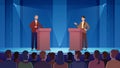 Political debate between two politicians on stage, man and woman talking in spotlights