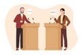 Political debates between two politicians at podiums, man and woman stand at tribunes