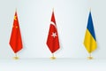 Political gathering of governments. Flags of China, Turkey and Ukraine