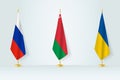 Political gathering of governments. Flags of Russia, Belarus and Ukraine