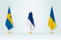 Political gathering of governments. Flags of Sweden, Finland and Ukraine