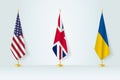 Political gathering of governments. Flags of United States, United Kingdom and Ukraine