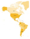 Political map of Americas in four shades of orange on white background. North and South America with country labels