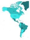 Political map of Americas in four shades of turquoise blue on white background. North and South America with country