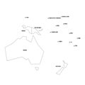 Political map of Australia and Oceania. Simplified thin black wireframe outline with national borders and country name Royalty Free Stock Photo