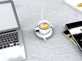 Coffee break, cup of coffee and computer, books, daily break, breakfast and work Royalty Free Stock Photo
