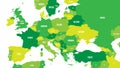 Political map of Europe and Caucasian region in shades of green on white background. Simple flat vector illustration