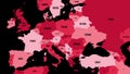 Political map of Europe and Caucasian region in shades of maroon on dark background. Simple flat vector illustration