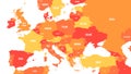 Political map of Europe and Caucasian region in shades of orange on white background. Simple flat vector illustration