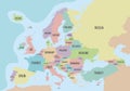 Political map of Europe with different colors for each country and names in English.