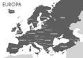 Political map of Europe in gray color with white background and the names of the countries in Spanish. Royalty Free Stock Photo