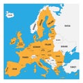 Political map of Europe with white land and yellow highlighted 28 European Union, EU, member states. Simple flat vector Royalty Free Stock Photo