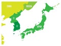 Political map of Korean and Japanese region, South Korea, North Korea and Japan. Green map with white labeling on white