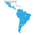 Political map of Latin America. Latin american states blue highlighted in the map of South America, Central America and