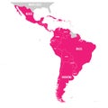 Political map of Latin America. Latin american states pink highlighted in the map of South America, Central America and Royalty Free Stock Photo