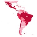 Political map of Latin America. Simple flat vector map with country name labels in four shades of maroon