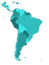 Political map of South America. Simple flat blank vector map in four shades of turquoise blue Royalty Free Stock Photo