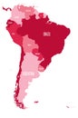 Political map of South America. Simple flat vector map with country name labels in four shades of maroon Royalty Free Stock Photo