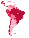 Political map of South America. Simple flat vector map with country name labels in four shades of maroon Royalty Free Stock Photo