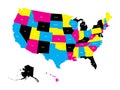 Political map of USA, United States of America, in CMYK colors with white state name labels on white background. Vector Royalty Free Stock Photo