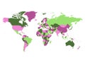 Political map of world. Countries in four different violet and green colors without borders on white background. Blank