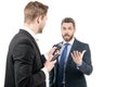 Political news. Journalist interviewing politician. Journalistic interview. Media interview Royalty Free Stock Photo