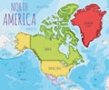 Political North America Map vector illustration with different colors for each country