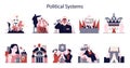 Political regimes and government system set. Political systems that regulate