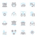 Political stability linear icons set. Consistency, Security, Reliability, Orderliness, Continuity, Harmony, Congruity