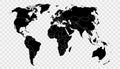 Political world map on transparent background, black color earth continents silhouette