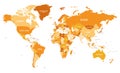 Political World Map vector illustration with different tones of orange for each country and country names in french.