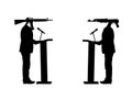 Politician debate duel, diplomacy conflict USA rifle against Russia rifle vector silhouette illustration isolated on white.