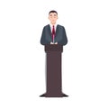 Politician, government worker, presidential candidate standing on rostrum and making public speech. Male cartoon