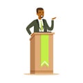 Politician man speaking behind the podium, public speaker character vector Illustration