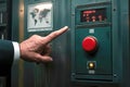 Politician pointing at red button for nuclear threat Royalty Free Stock Photo