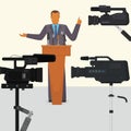 Politician, public figure or businessman makes speech on television broadcast vector illustration.