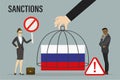 Politician`s hand lowers the cage on flag of Russia. Russian flag locked under sanctions. Economic and political ban, embargo are Royalty Free Stock Photo