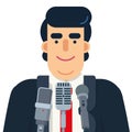 Politician speaking in public at microphones, vector illustration