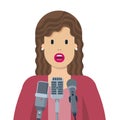 Politician speaking in public at microphones, vector illustration