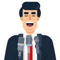 Politician speaking in public at microphones, vector illustration