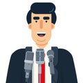 Politician speaking in public at microphones, vector illustration